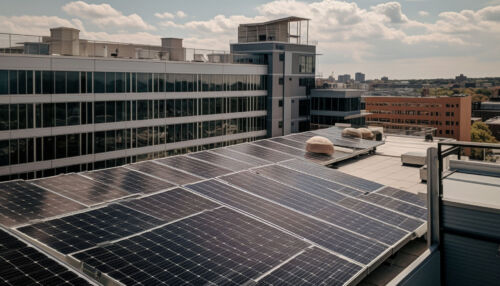 Wide shot of PV solar panels covering an industrial roof.