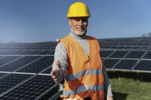 A person stands in a wide shot of an alternative energy power station.