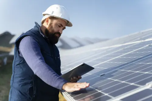 A technical professional observes solar panels in a field.
