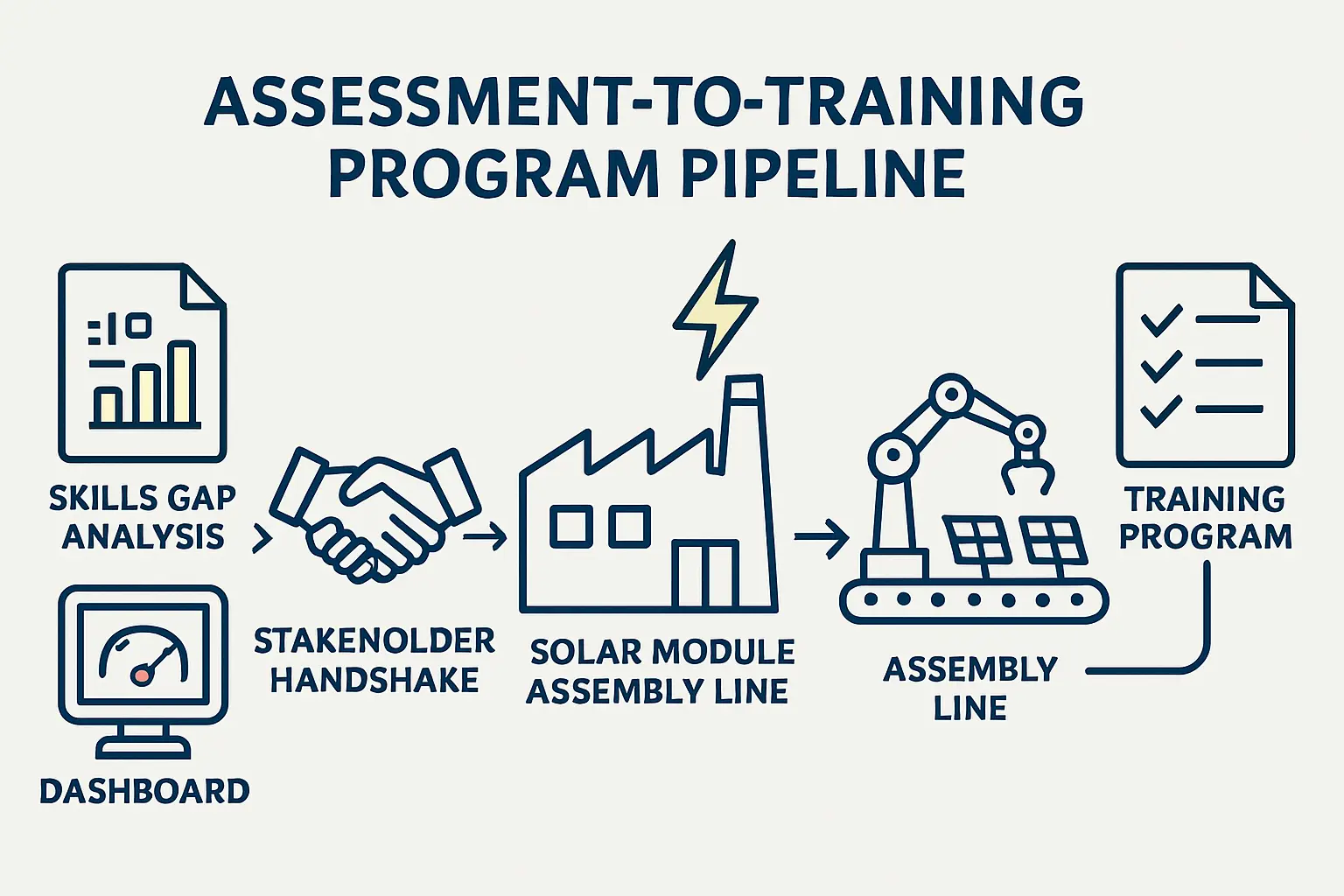 A detailed flowchart illustrating a 4-phase training program for solar module assembly.