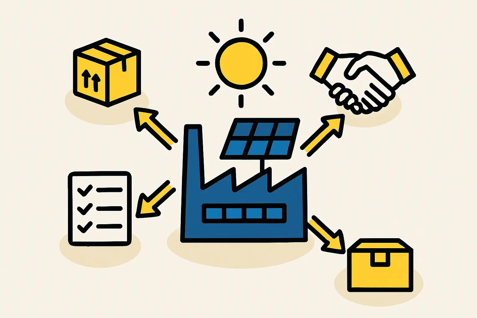 A conceptual diagram illustrating a hybrid grid system where a solar factory's rooftop PV system feeds into the local grid, complementing hydropower resources.