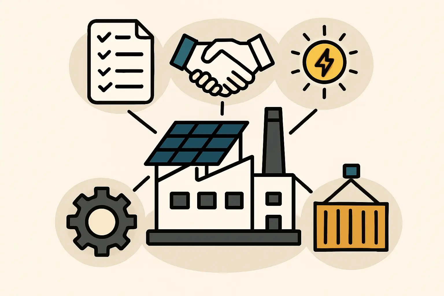 Factory with solar roof connected to checklist, handshake, solar energy, gear, and shipping container.