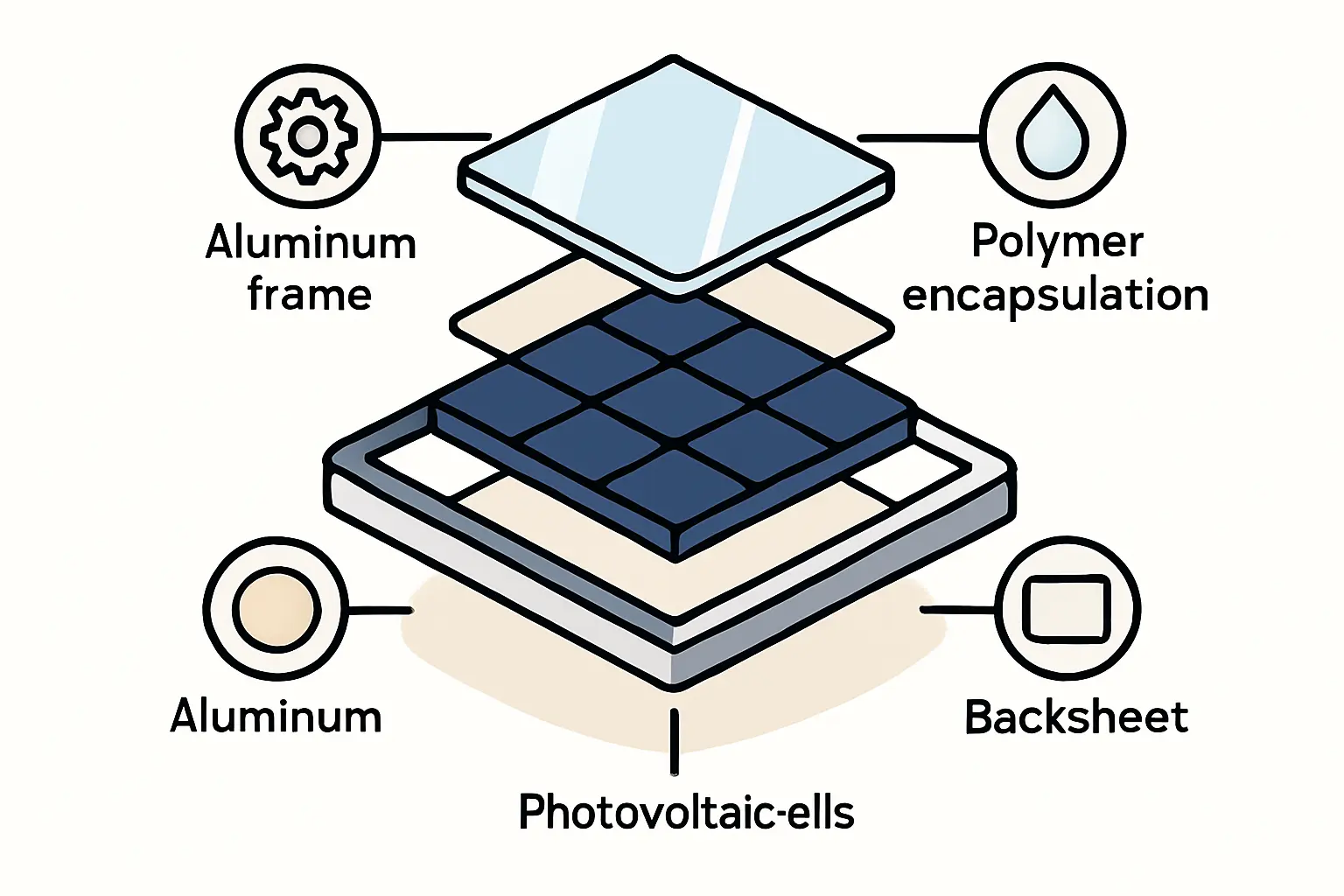 A diagram showing the components of a solar module, with the aluminum frame highlighted.
