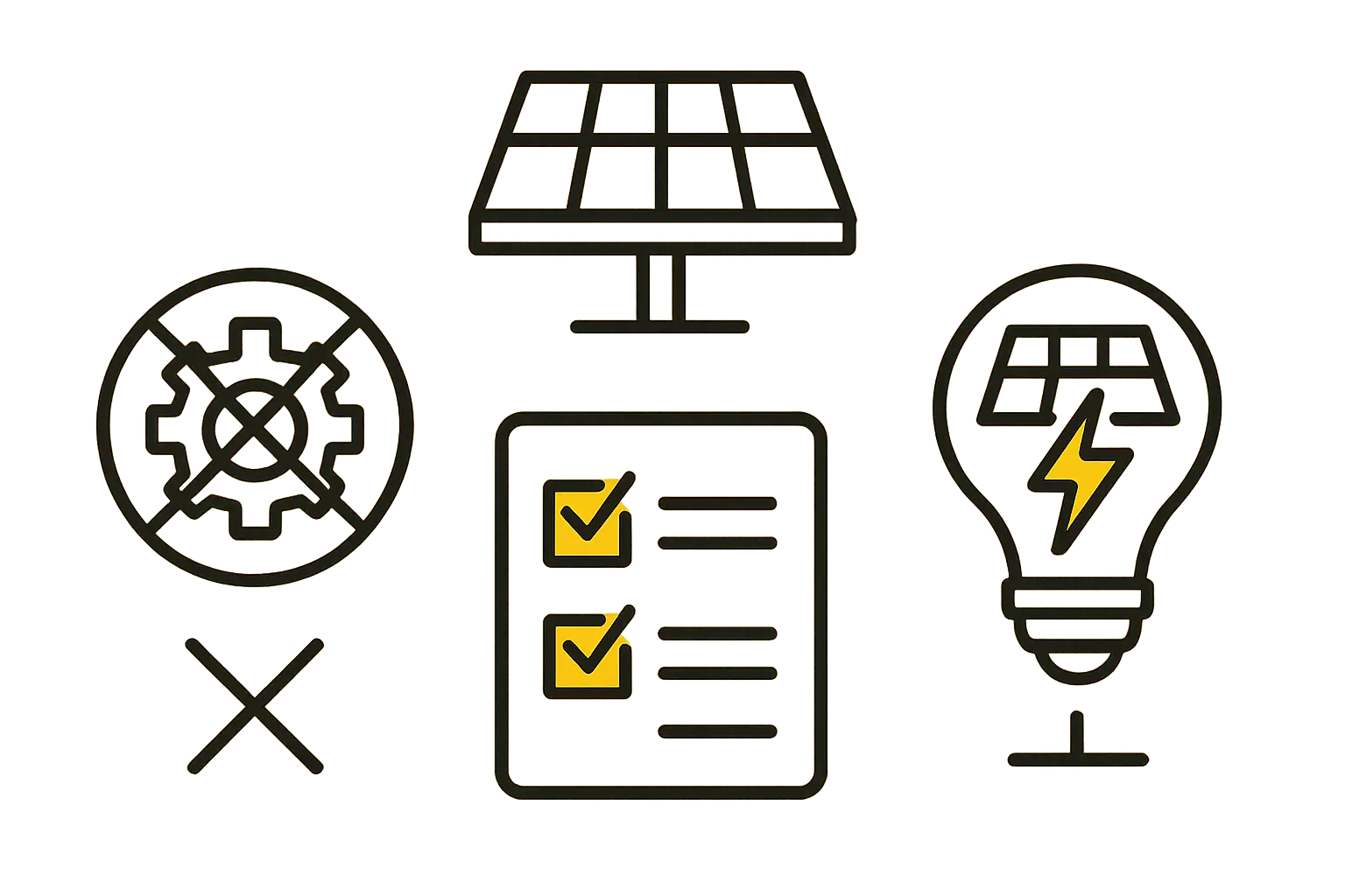 A simple diagram with three icons: a crossed-out gear, a checklist, and a lightbulb with a solar panel on top.