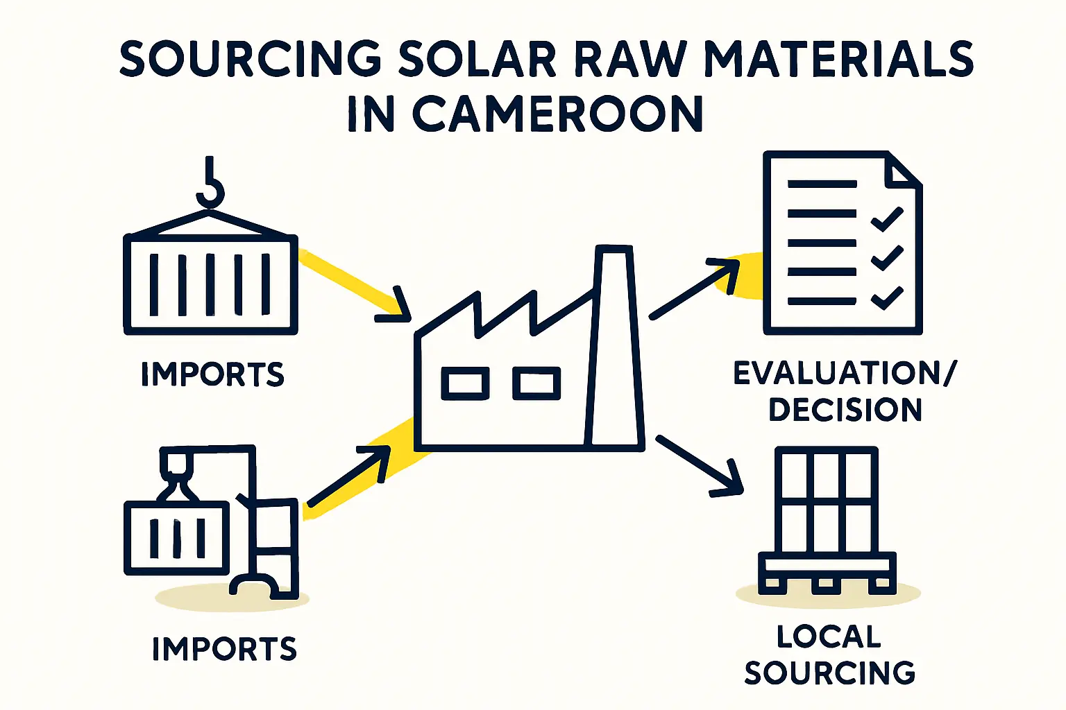 A diagram illustrating two supply chain paths: one showing importation from Asia to a port in Douala, and another showing potential local sourcing routes within Cameroon.