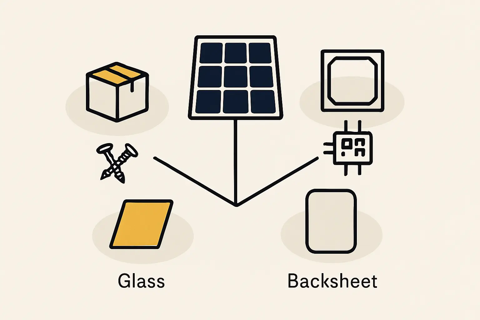 A diagram showing the breakdown of solar module components, with core components (cells, glass, EVA) highlighted differently from ancillary components (frame, junction box, packaging).