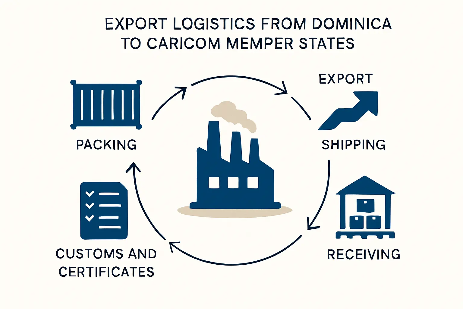 Infographic showing the step-by-step customs clearance process for exporting goods from Dominica to another CARICOM country.