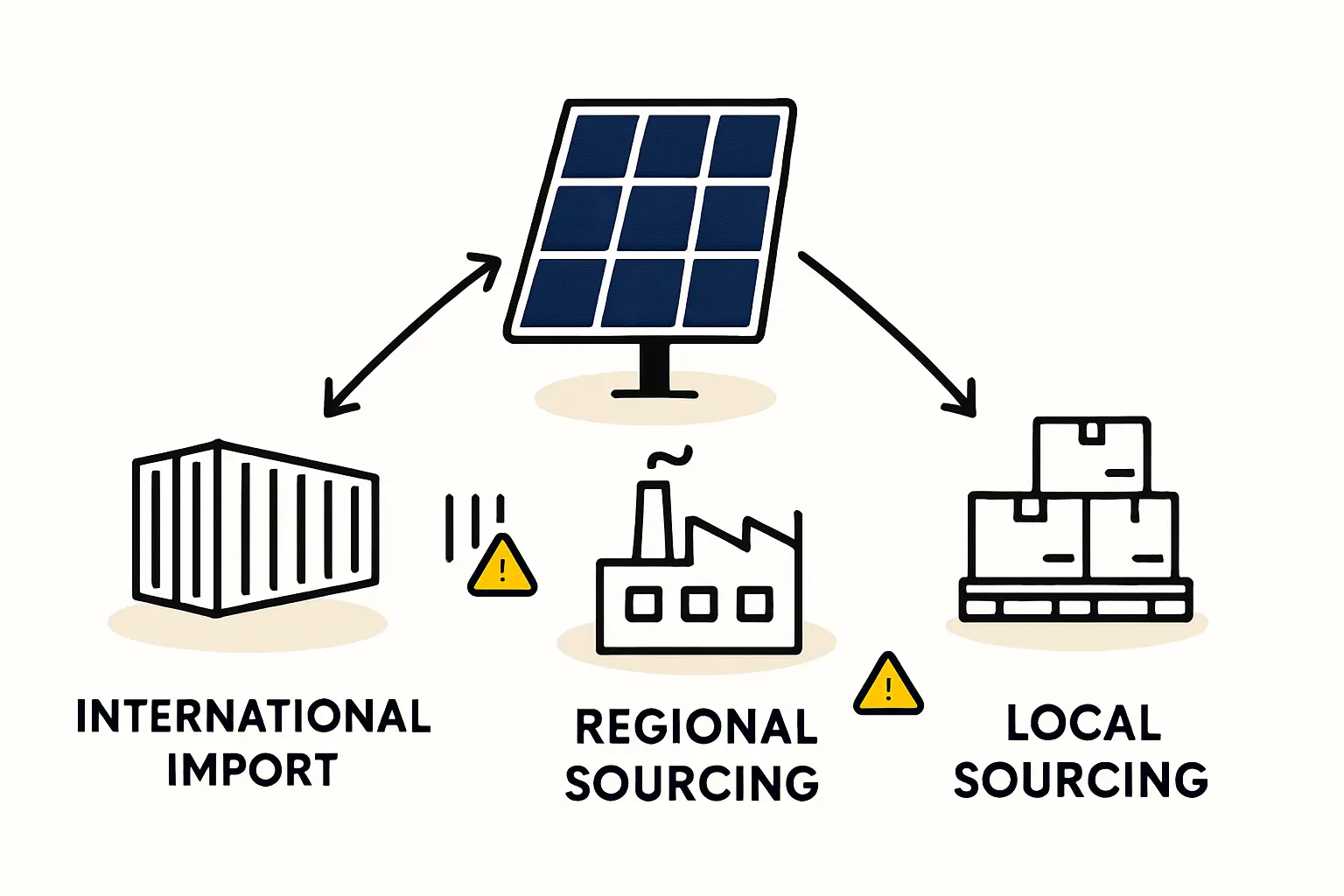 Flowchart illustrating a hybrid supply chain model: international sourcing for specialized materials (cells, glass) and phased local/regional sourcing for bulkier components (frames).