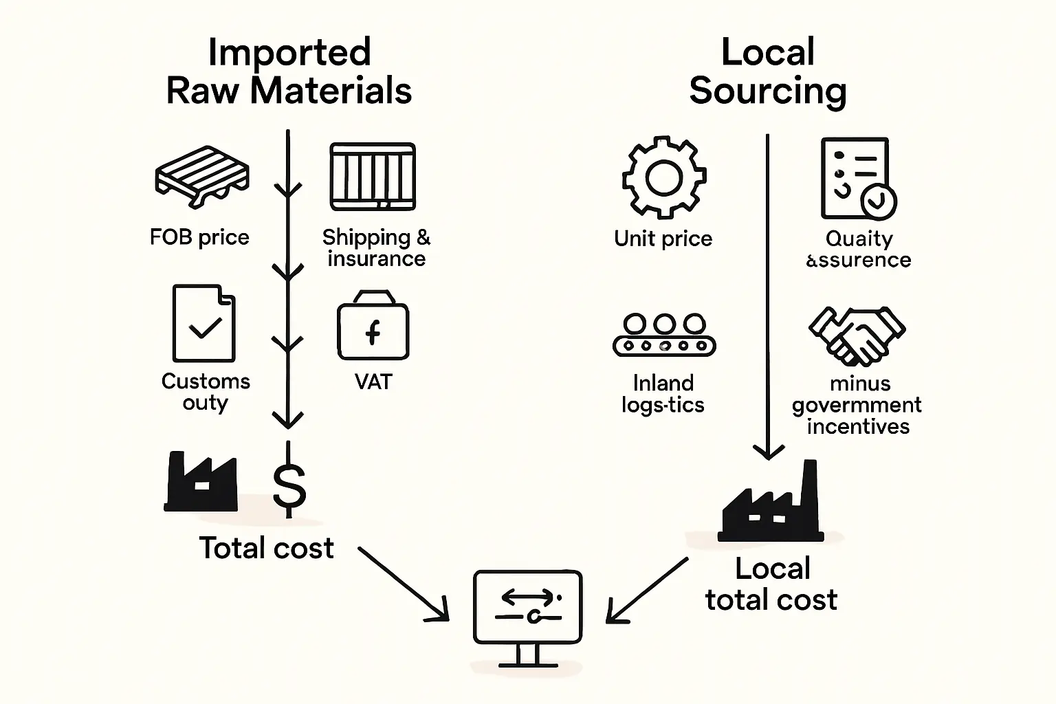 A diagram comparing the supply chains for local vs. imported components, showing simplified steps from source to factory.
