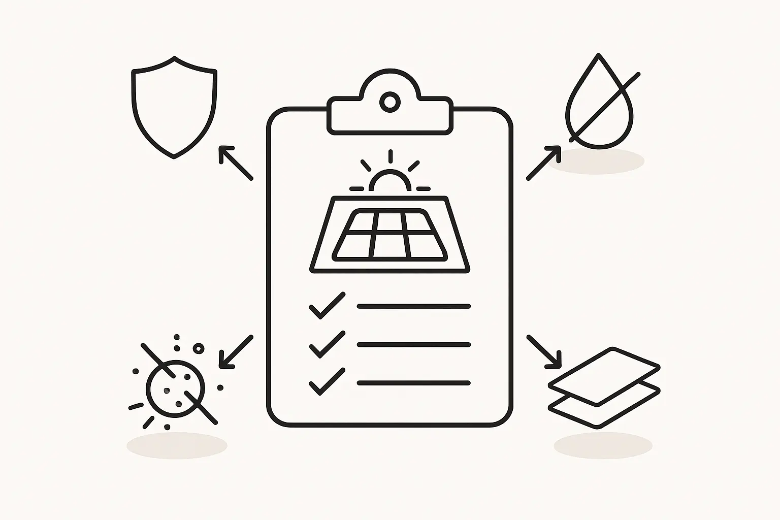 An infographic illustrating the impact of humidity, salt mist, and dust on a standard solar module, highlighting areas of potential failure like the junction box, frame, and backsheet.