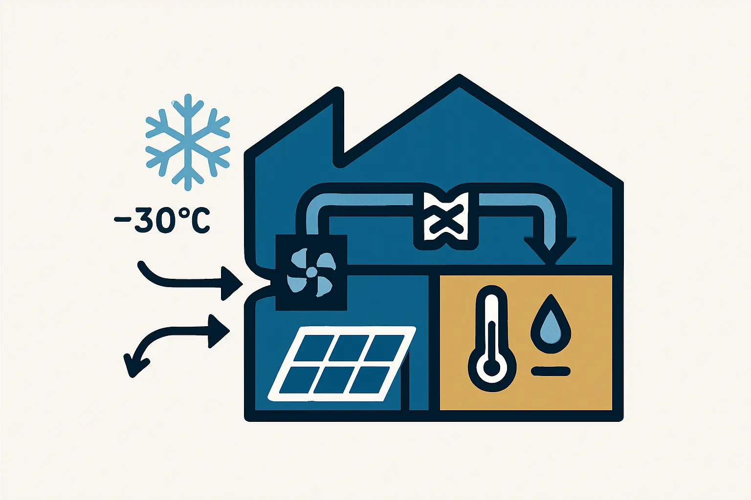 Diagram showing a high-capacity HVAC system for a solar factory in a cold climate.