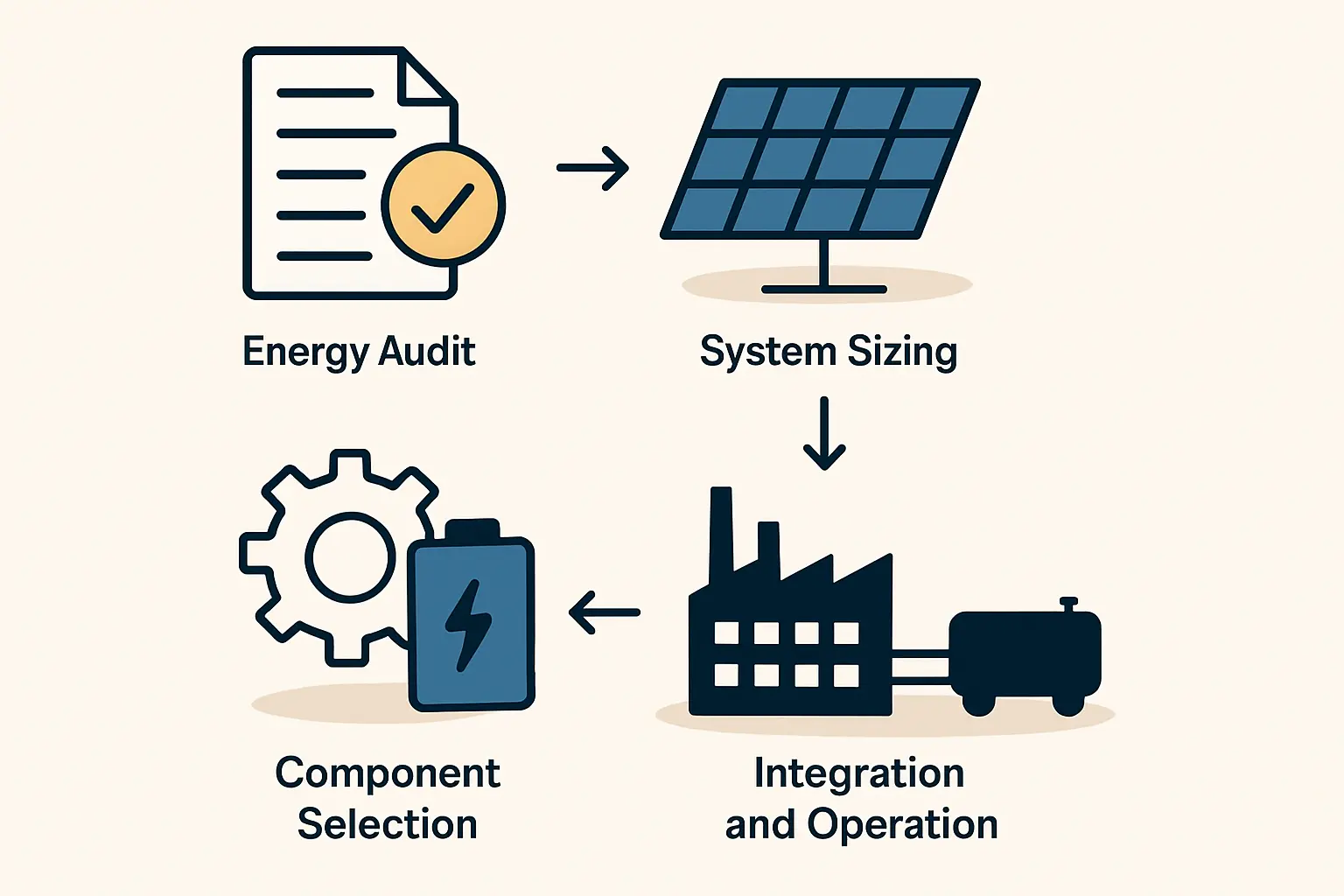 Diagram of a hybrid power system for a factory, showing grid, solar panels, battery, and factory connection