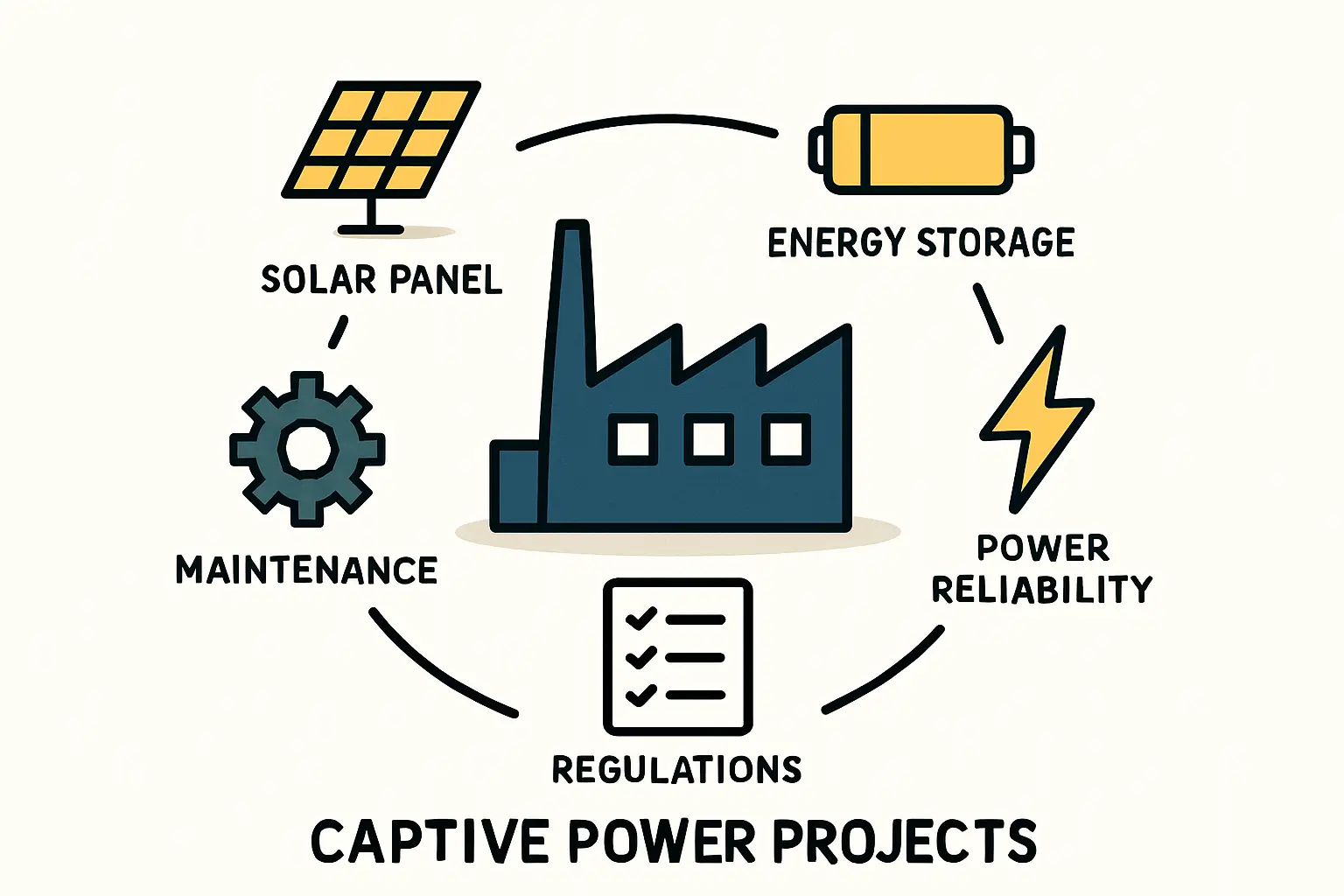 A diagram illustrating a hybrid power system for a solar factory, combining grid power, solar PV, and battery storage for maximum reliability.