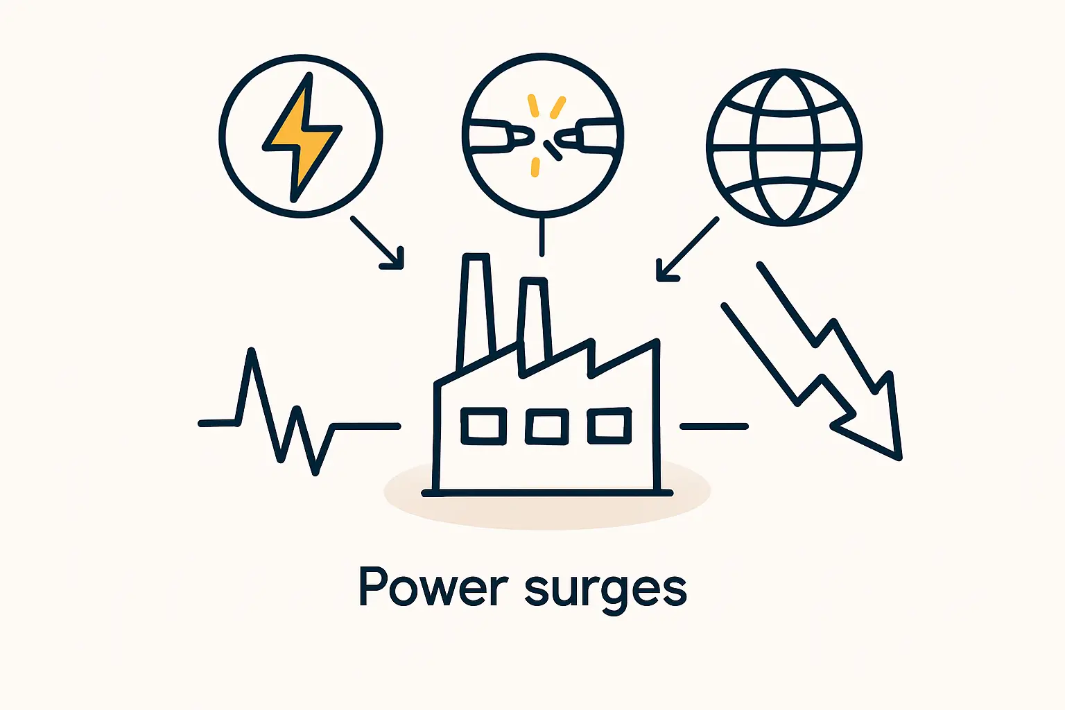 A diagram showing a hybrid power system with grid, solar PV, battery, and factory loads.