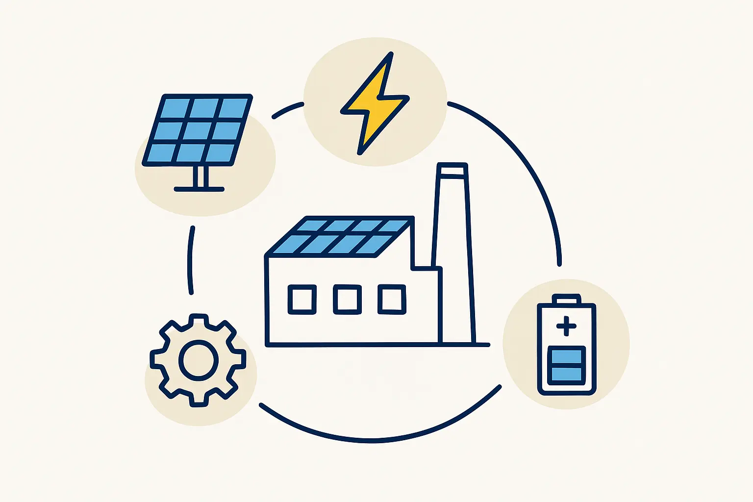A diagram showing a solar panel system powering an industrial facility, with labels for panels, inverter, and connection to factory machinery.