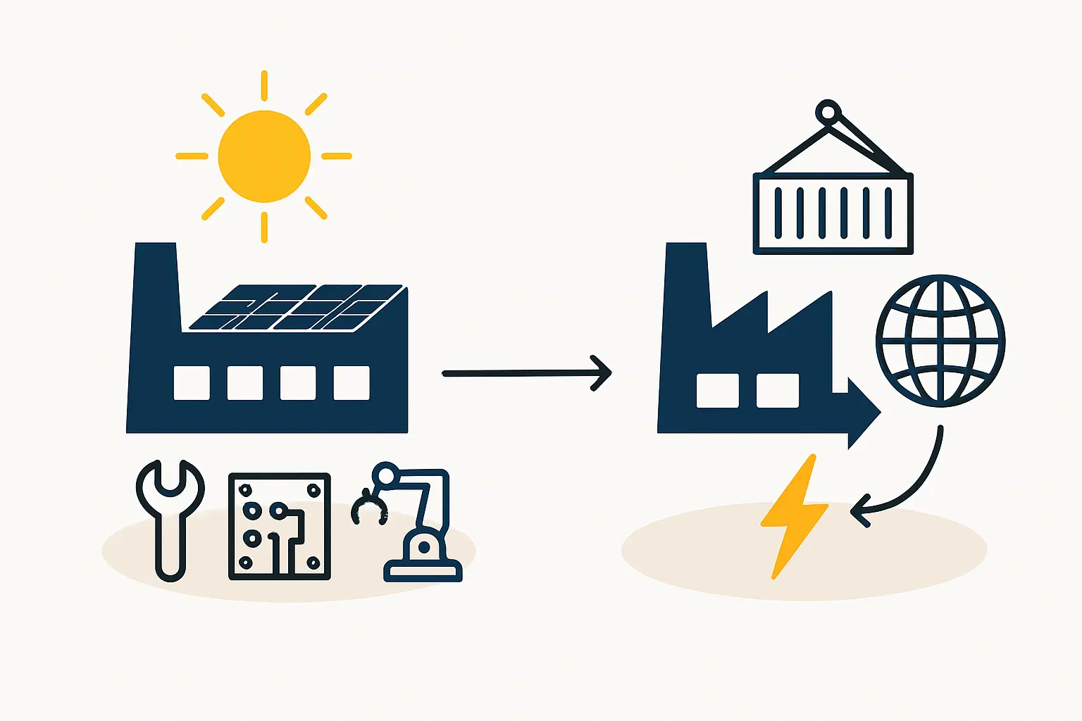 Technicians with solar panels on the factory floor, representing the hybrid staffing approach