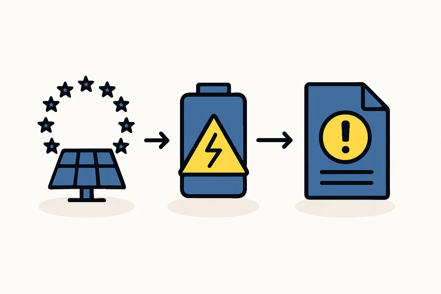 An infographic illustrating the lifecycle of a solar panel, with icons indicating key regulatory touchpoints: raw material sourcing, production (EHS), EU market access (CE Mark), and end-of-life (WEEE).