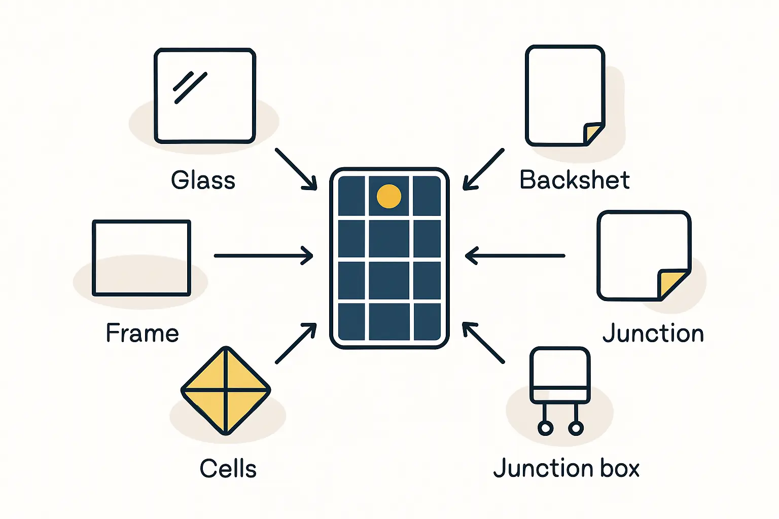 Exploded view of a solar panel's components, including glass, EVA, solar cells, backsheet, and aluminum frame.