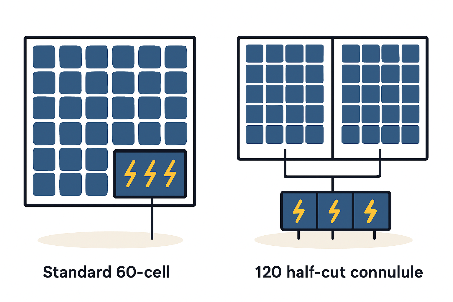 An image comparing a standard, central junction box with a modern split junction box design on the back of a solar module.