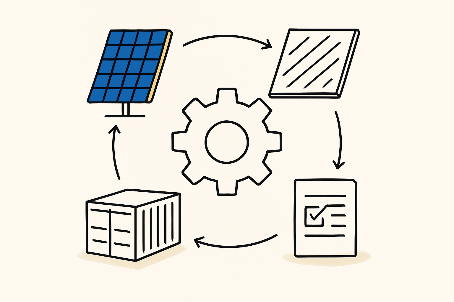 A diagram illustrating the layout of a flexible solar module manufacturing line capable of producing both standard and specialized APV modules.