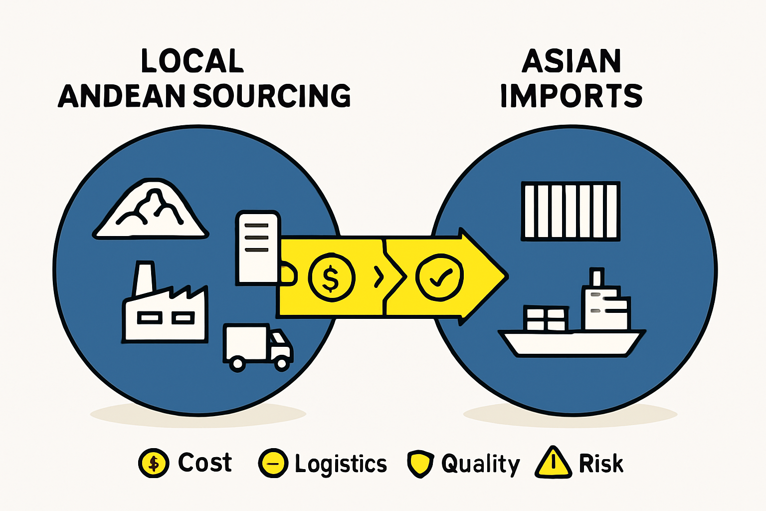 A diagram comparing the logistics chain: A long sea route from Asia vs. shorter land routes within the Andean region.