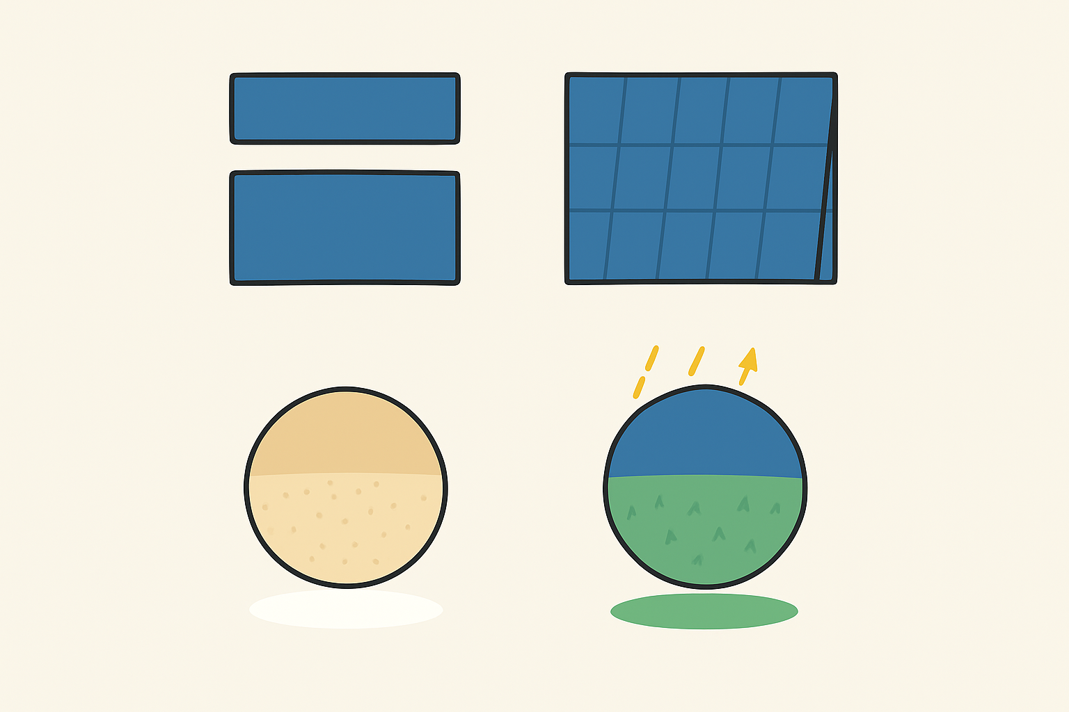 A diagram illustrating how a bifacial solar module captures both direct sunlight and reflected light from the desert floor, unlike a standard monofacial module.