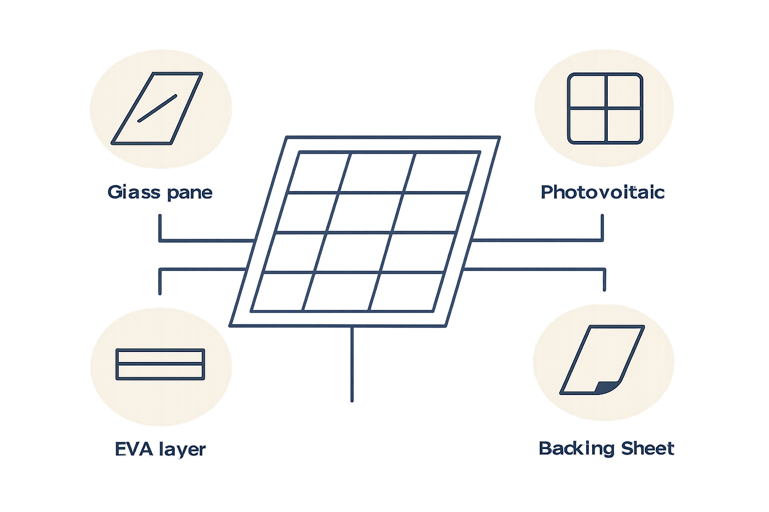 A diagram showing the different layers of a solar module, with labels for glass, EVA, cells, backsheet, and frame.