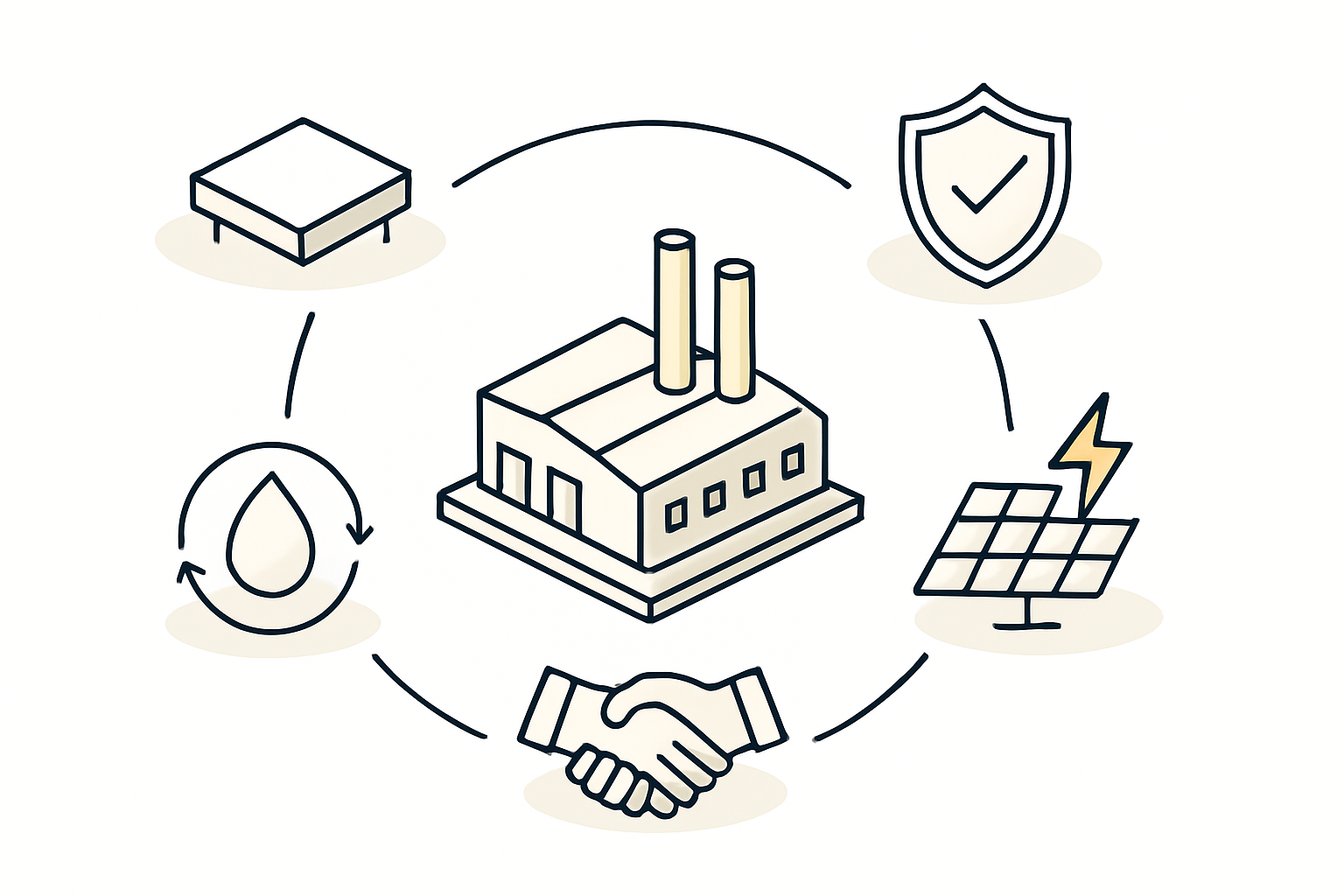 Example of a resilient factory design in a coastal environment highlighting key features of durable materials and raised structures.