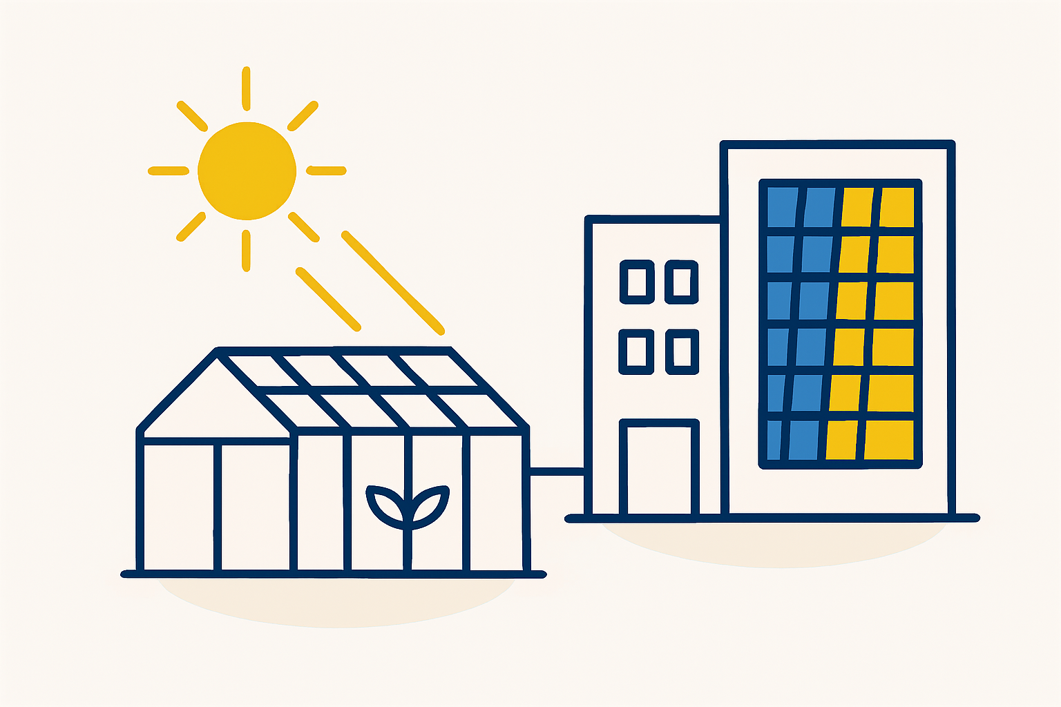A futuristic greenhouse with semi-transparent solar panels integrated into its roof, showcasing the concept of agrivoltaics in horticulture.