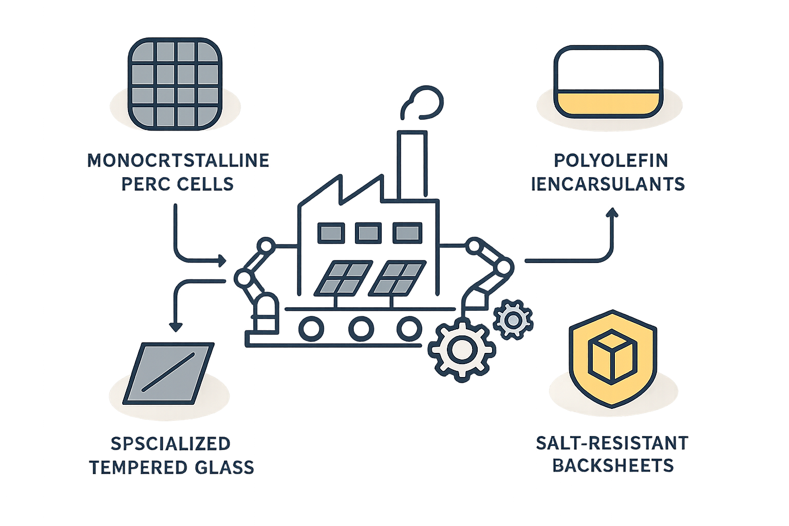 Diagram comparing the material layers of a standard glass-foil module versus a desert-ready glass-glass module with POE.