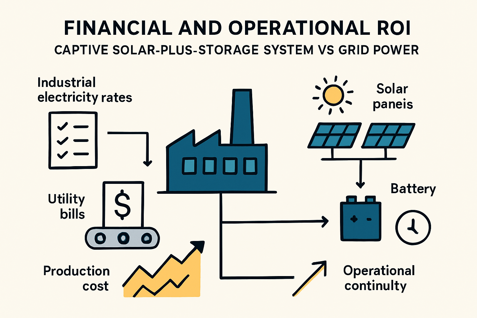 A factory with solar panels and battery storage