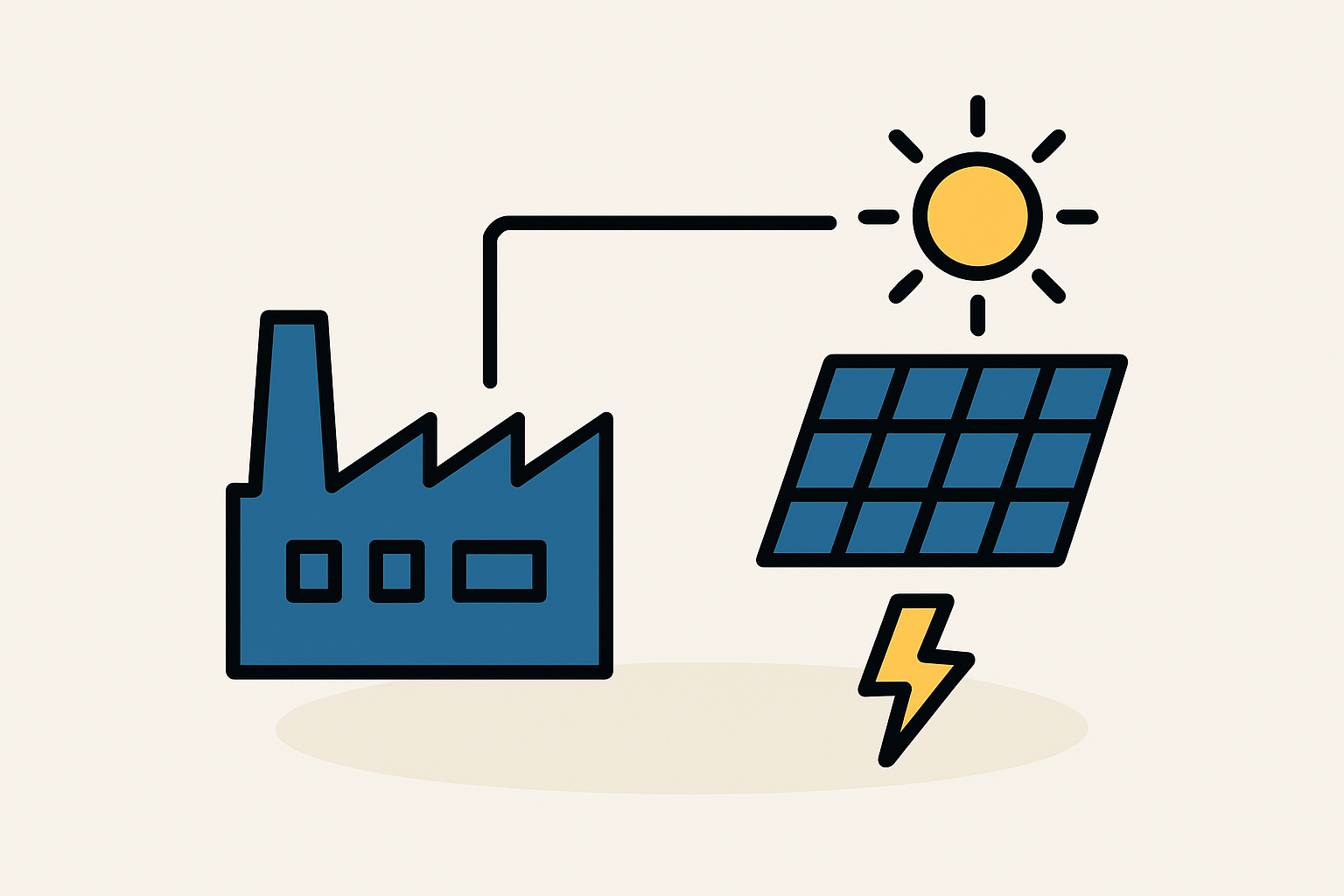 An aerial view of a solar panel factory with a large ground-mounted solar array and battery storage units visible nearby
