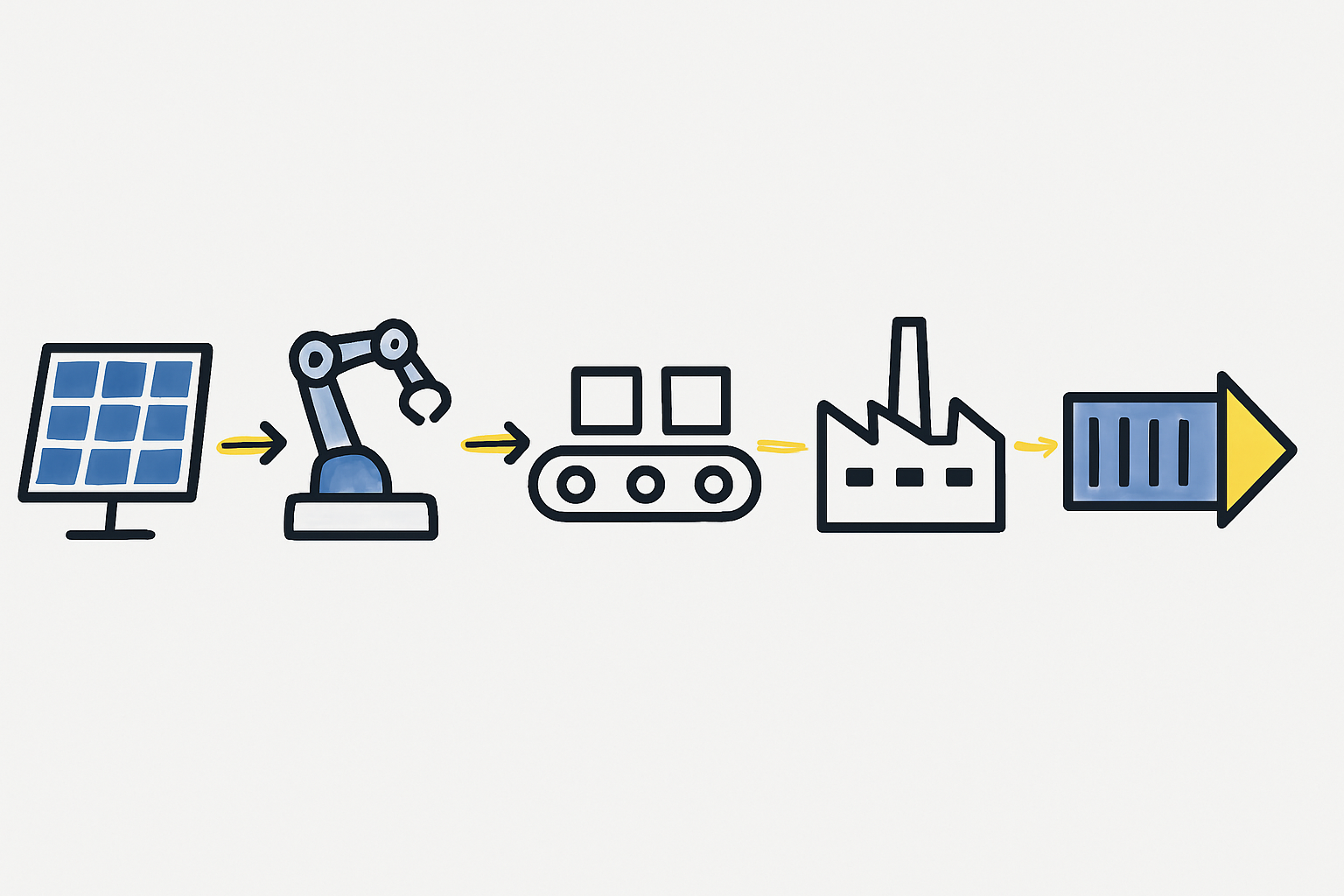An infographic showing the production flow inside a 50 MW solar module factory, from stringer to laminator to tester.