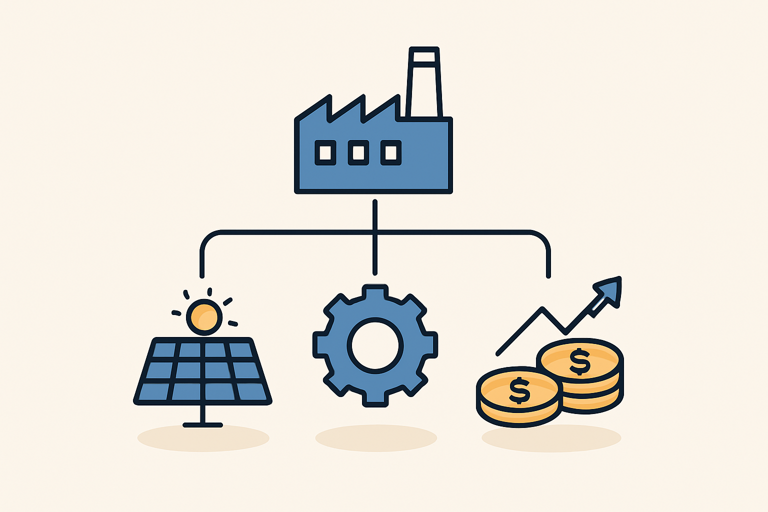 A flowchart visualizing the key components of the financial model for a solar factory.