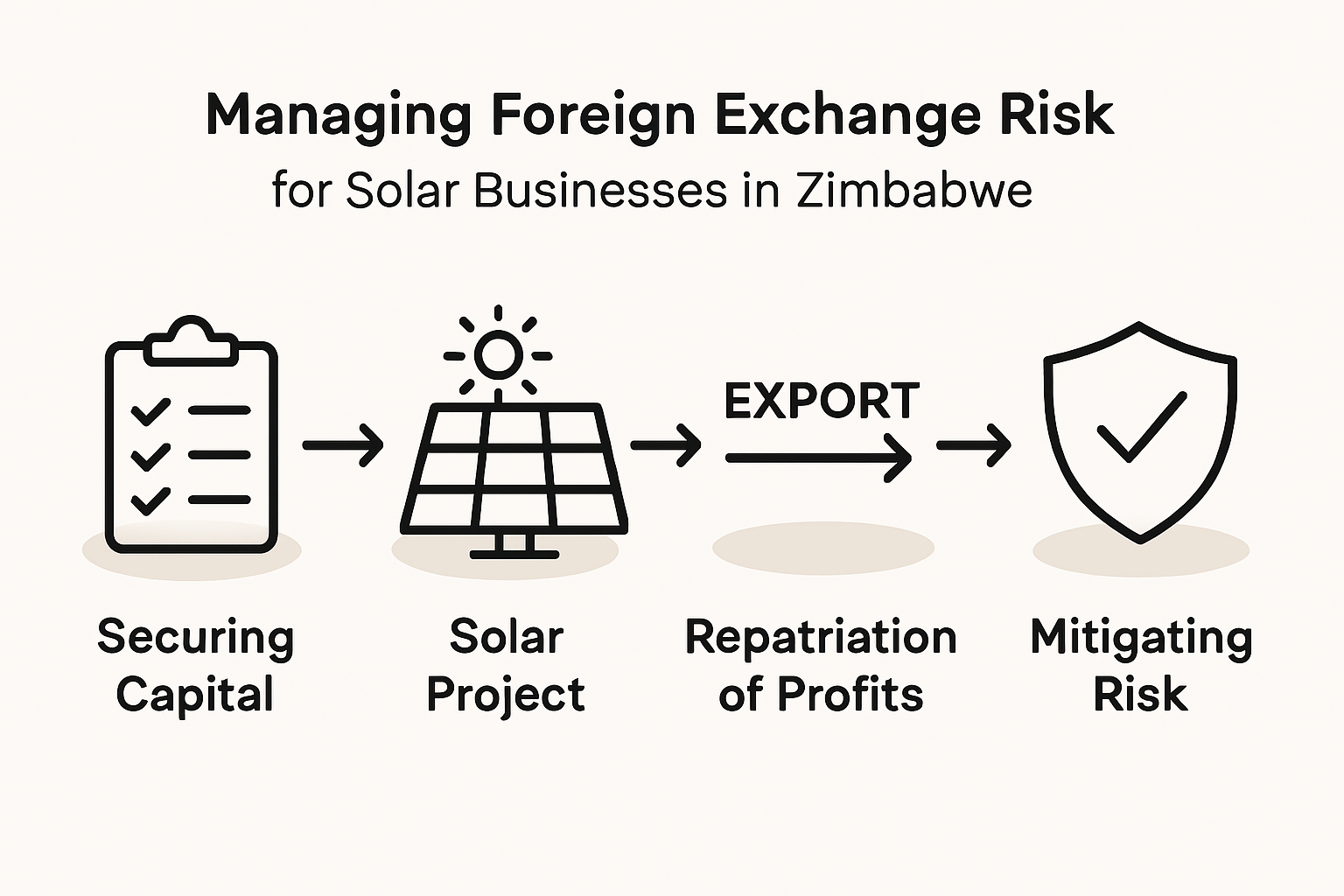 A flowchart illustrating a typical financial structure for a foreign-owned solar manufacturing business in Zimbabwe, showing capital inflow (USD), operational expenses (USD/ZiG), and profit repatriation (USD).