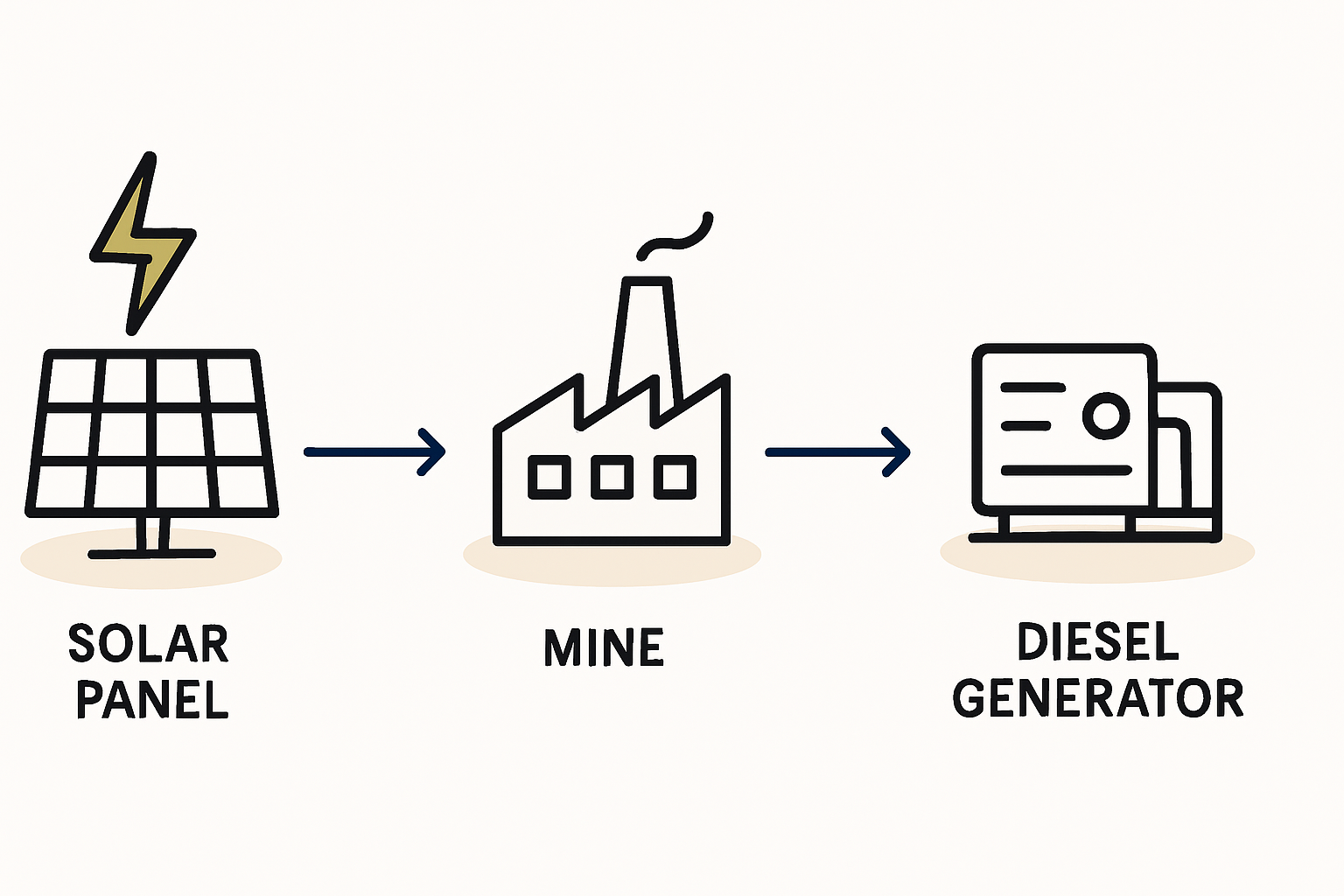 A diagram illustrating the high cost of diesel-generated power versus the lower, stable cost of solar power over a 25-year lifespan.