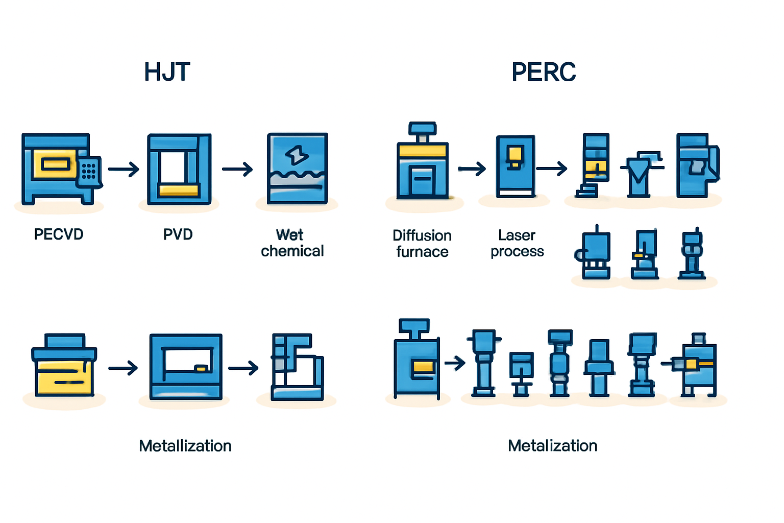 HJT module production line equipment showing specialized machinery for PECVD and PVD processes.