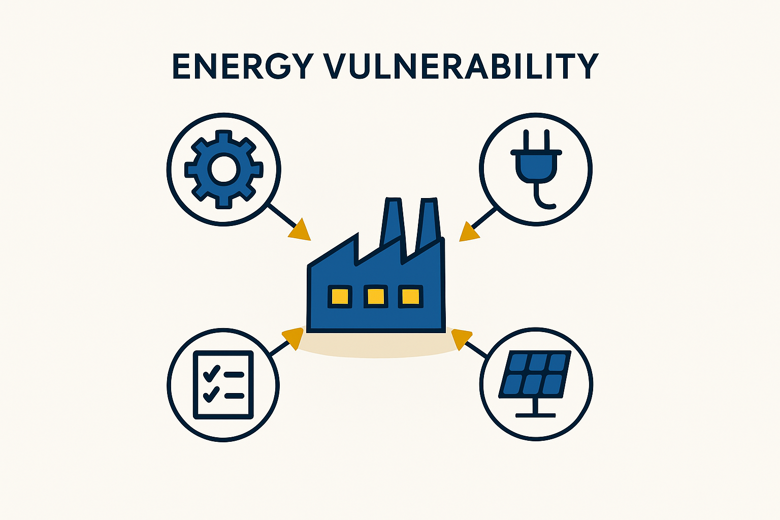 A diagram illustrating a hybrid power system for a factory: grid, solar PV array, battery storage, and generator, all connected to the main distribution board.