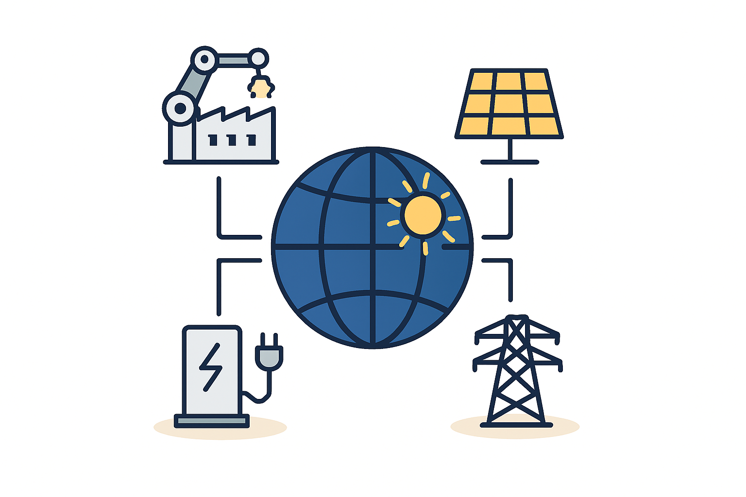 A futuristic, CGI rendering of a highly automated, clean solar module production line with robotic arms and minimal human presence, glowing with blue and white light.