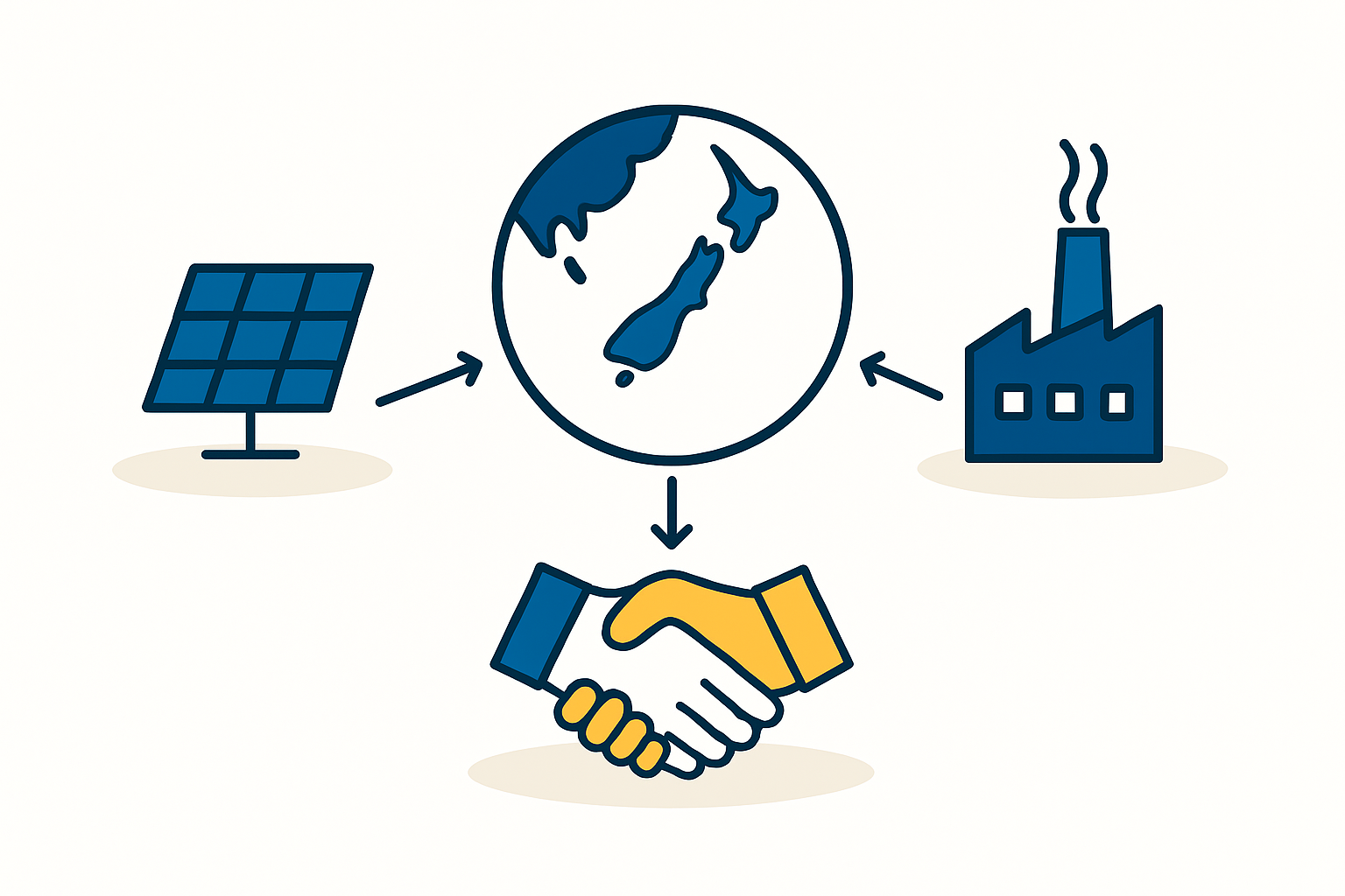 A conceptual diagram showing how government funds flow into a solar manufacturing project, represented by a factory icon, leading to green energy output.