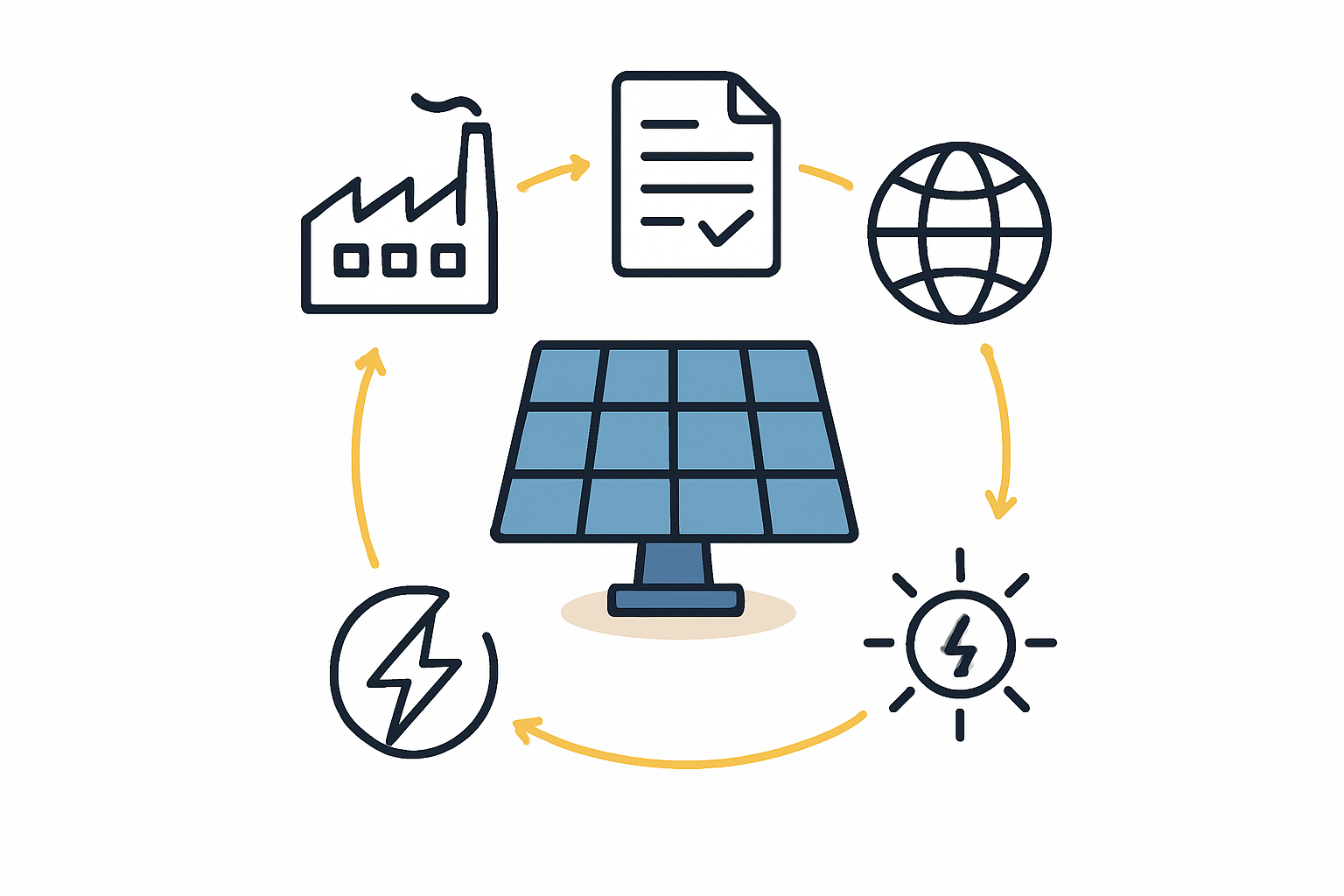 Diagram illustrating the solar module supply chain from polysilicon to final assembly, with CO2 emission points highlighted.