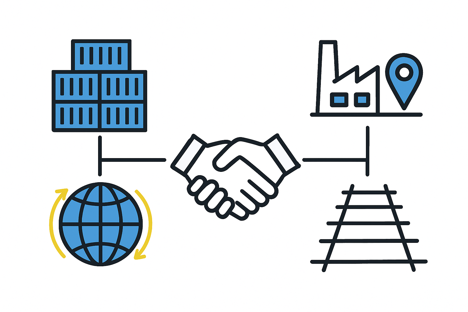 A diagram illustrating the complete logistics chain: Ship to Port Unloading to Customs to Truck/Rail Transport to Factory Warehouse.
