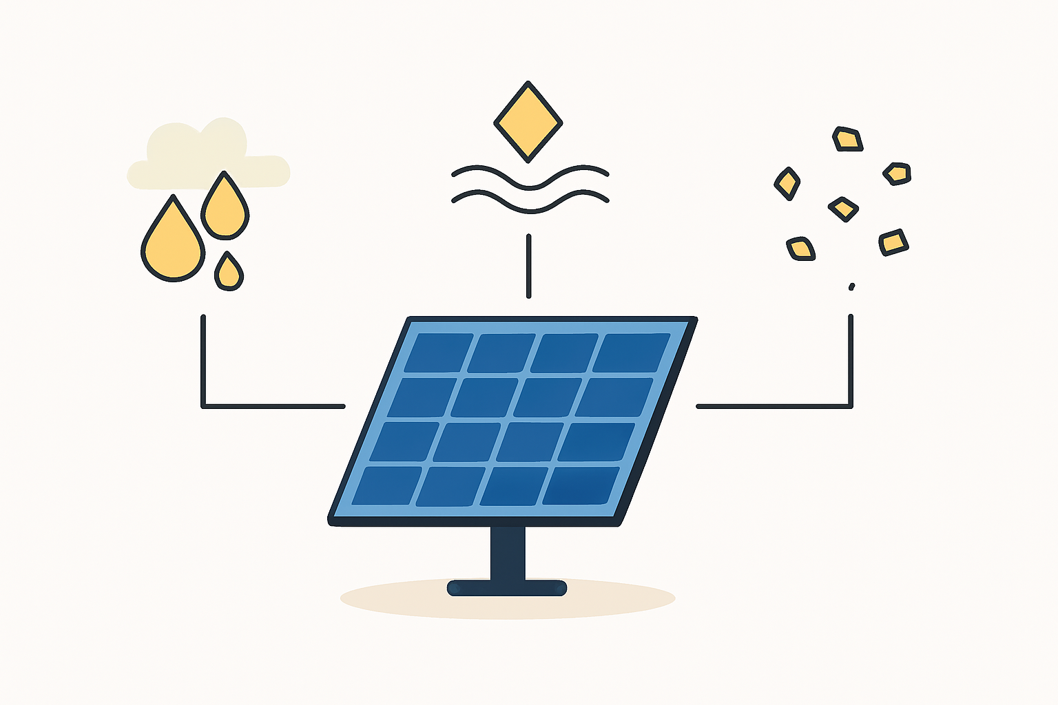 An infographic illustrating the impact of humidity, salt mist, and dust on a standard solar module, highlighting areas of potential failure like the junction box, frame, and backsheet.