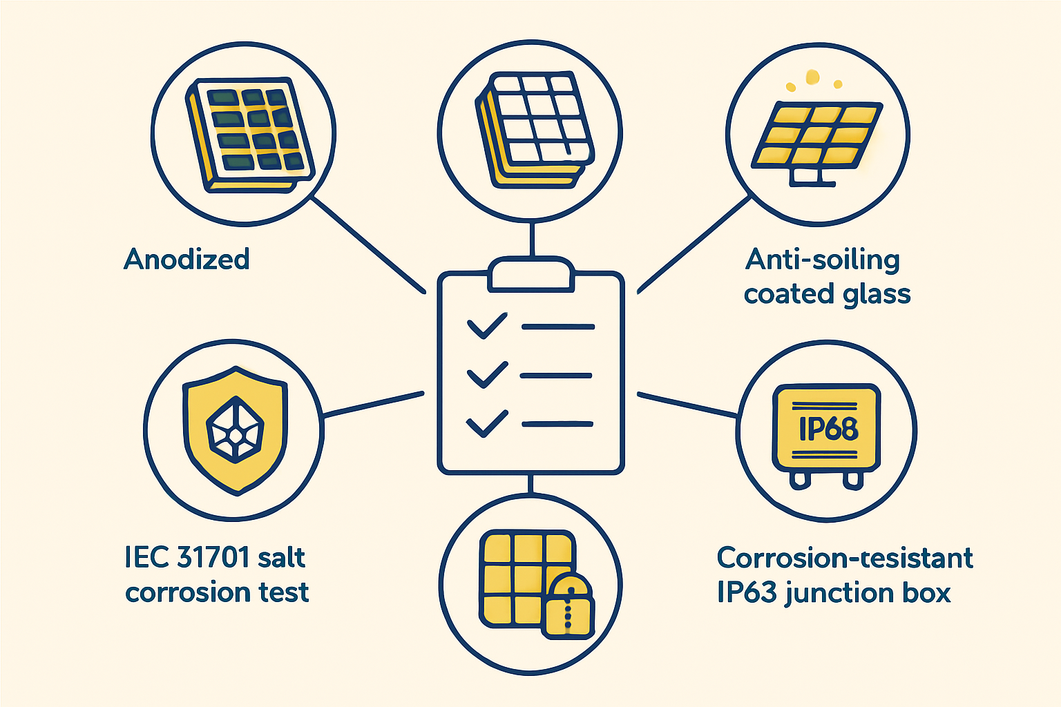 High-quality anodized solar module frame resistant to salt mist corrosion with sealed junction box meeting IP68 standards.
