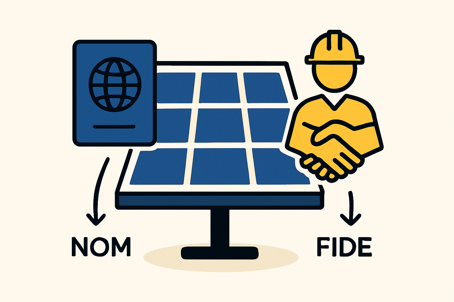 A close-up of a solar panel showing official NOM and FIDE certification marks.