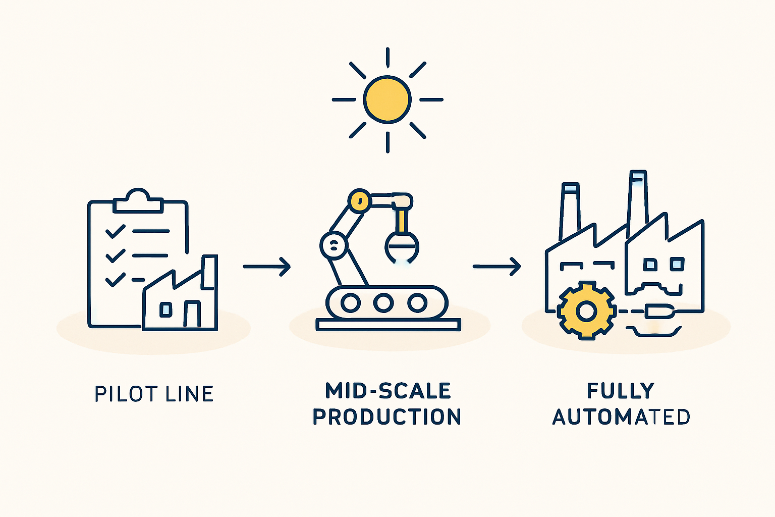A close-up of a semi-automated solar panel assembly process, illustrating a smaller-scale or pilot line operation.