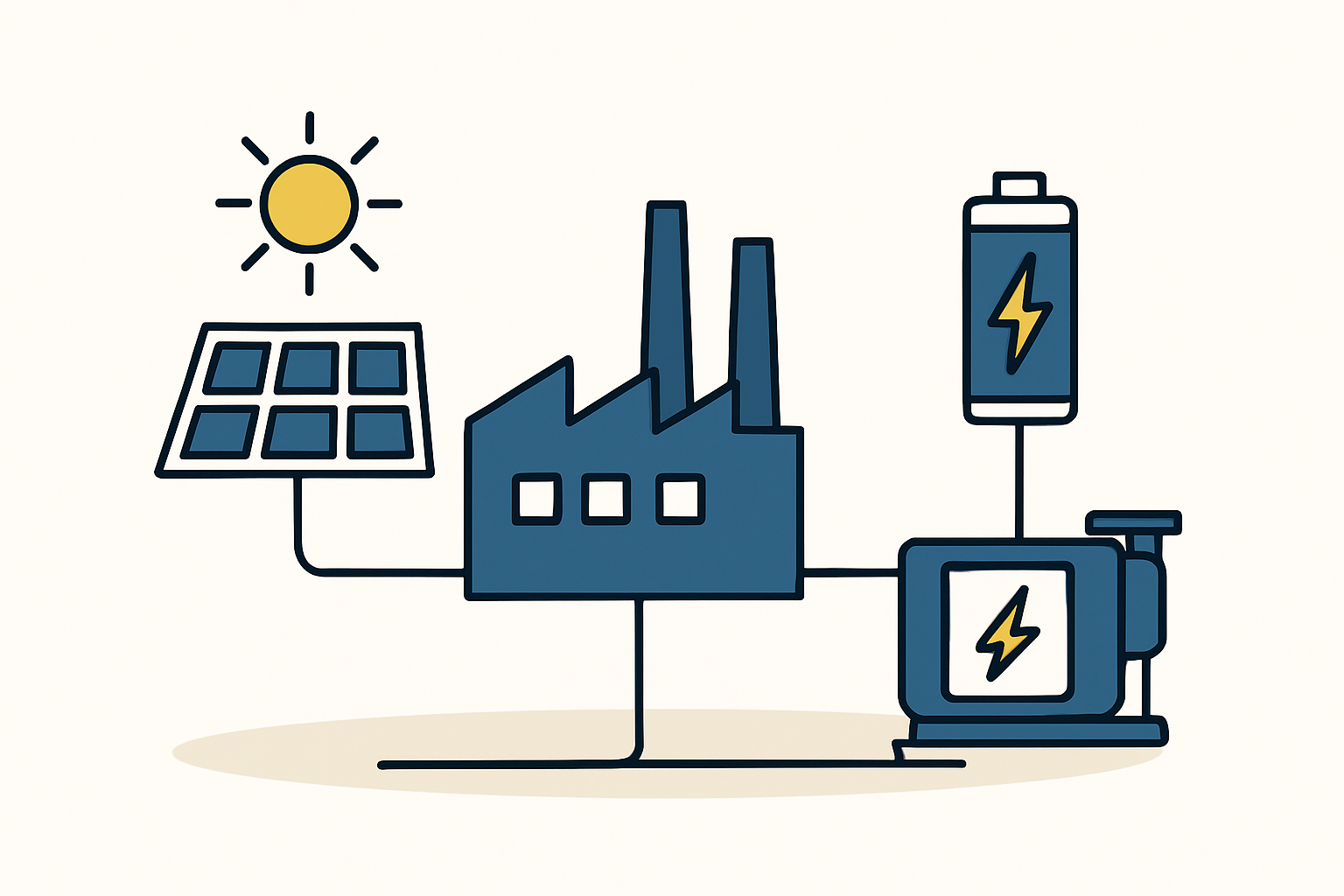 A solar module manufacturing facility with integrated hybrid power systems ensuring reliable energy supply.