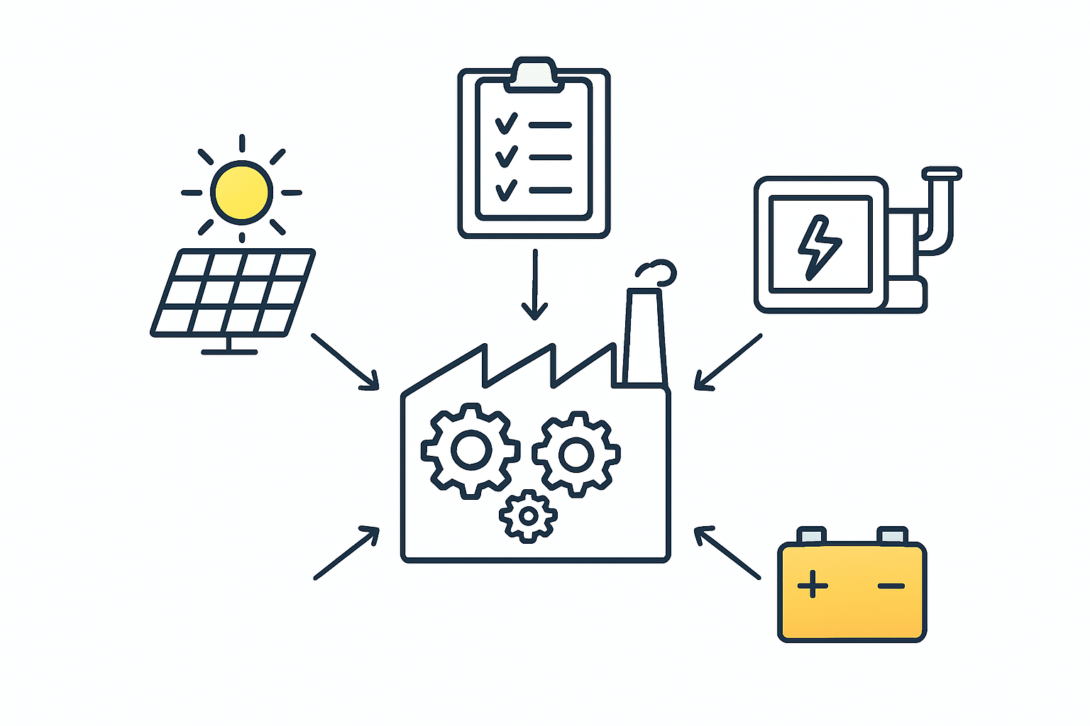 A diagram showing a hybrid power system (Grid, Solar+BESS, Generator) feeding into a factory.