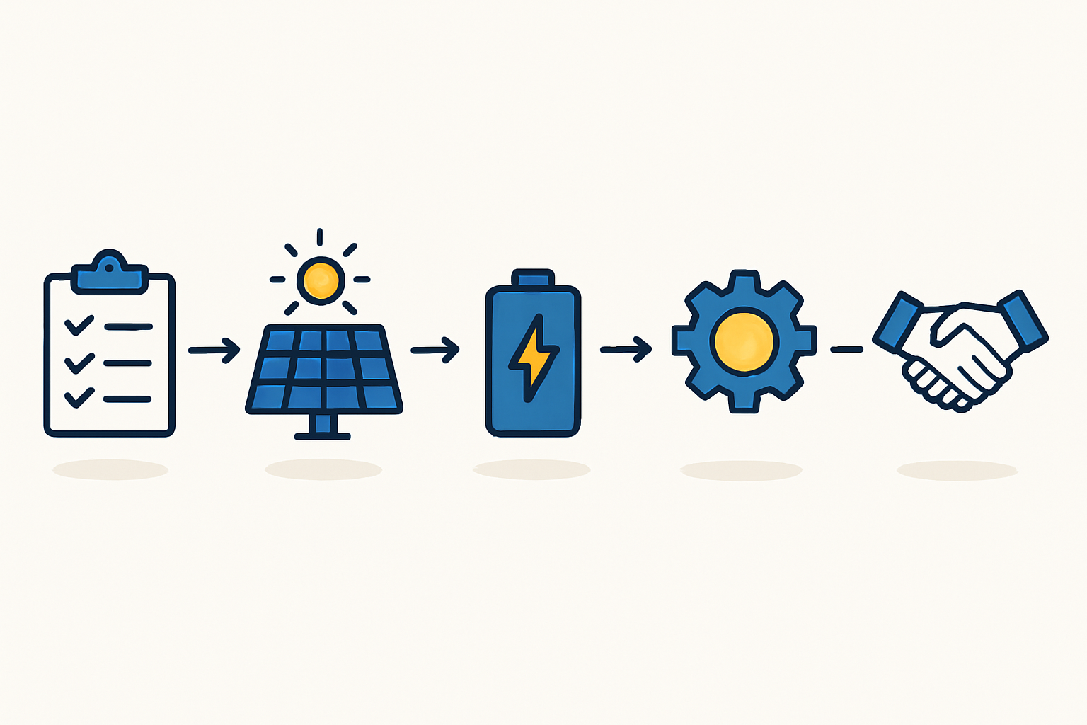 A clear schematic showing a factory roof with solar panels, connected to a Battery Energy Storage System (BESS) and inverters, which then power the internal machinery. A small connection to the main grid is shown as a backup.