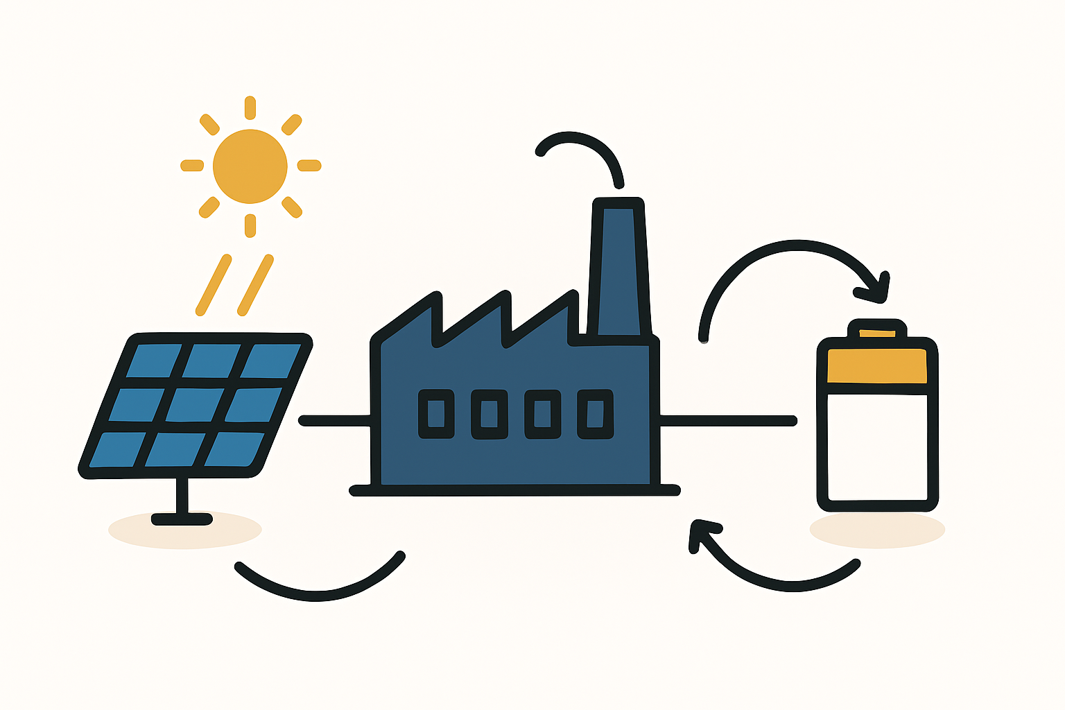 Diagram of a hybrid power system for a solar factory, showing grid, solar panels, battery, and factory load.
